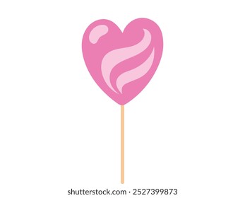 Piruleta rosa en forma de corazón en un palo aislado en un fondo blanco. Concepto de dulces, golosina azucarada, Día de San Valentín, símbolo de amor. Elemento de diseño para el empaquetado de los dulces, favores del partido.