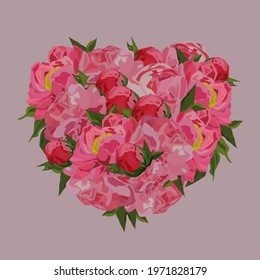 Pink heart-shaped peonies. Vector illustration.