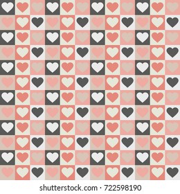 Pink hearts(heart pattern) in squares and placing in checkers table pattern  (Vector seamless pattern)