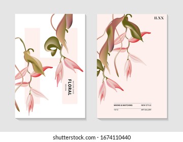 Tarjeta floral tropical australiana rosada de Heliconia. La naturaleza moderna invita al afiche. Arte estacional tropical de flores silvestres en vectores, invitación moderna.