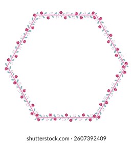 Pink Hexagon Wreath Border Frame With Green Leaves And Pink Flowers Decoration