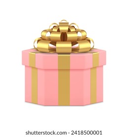 Pink hexagonal wrapped gift box with elegant golden bow ribbon holiday pack 3d icon realistic vector illustration. Luxury feminine present package elegant container for festive greeting surprise