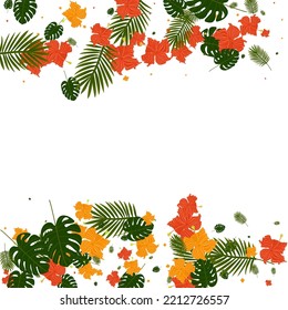 Pink Hibiscus Background White Vector. Strelitzia Paradise Illustration. Yellow Monstera. Aloha Backdrop. Light Green Beach Texture.