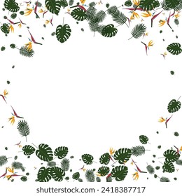 rosafarbener Hibiskus-Hintergrund Weißer Vektorgrafik. Foliage, lebendiger Hintergrund. Grüne Blätter. Retro-Rahmen. Illustration der gelben Kultur.
