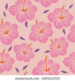 Pink hibiscus floral pattern with pastel background. Seamless pattern with florals for fabric, textiles, clothing, wrapping paper. Vector illustration