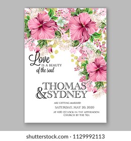 Pink hibiscus Floral wedding invitation vector printable card template birthday baby shower