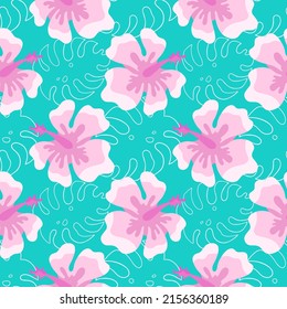 Pink Hibiscus flower, Hawaii, vector seamless pattern in the style of doodles, hand-drawn