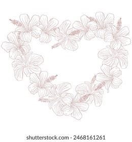 A pink hibiscus flower heart wreath with a black and white flower wreath. The flowers are arranged in a circular pattern for card or invite