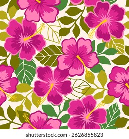 Pink hibiscus flower with tropical leaf seamless pattern design for summer holidays background.