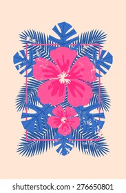 Pink hibiscus flowers and blue palm leaves exotic summer composition. Modern poster, card, flyer, t-shirt, apparel design.