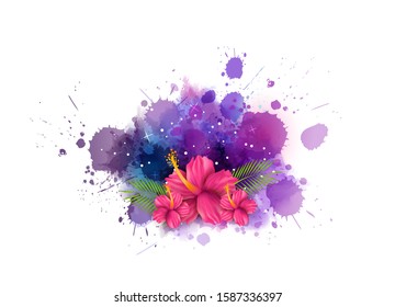 Pink hibiscus flowers on abstract watercolor paint cosmos splash background. Purple and blue colored with stars.