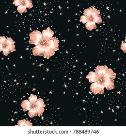 Pink hibiscus flowers on the night black sky with stars. Vector seamless pattern. Tropical cosmic illustration with plants.