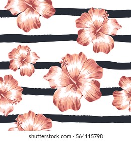 Pink hibiscus flowers and on the striped background. Vector seamless pattern. Tropical summer illustration.