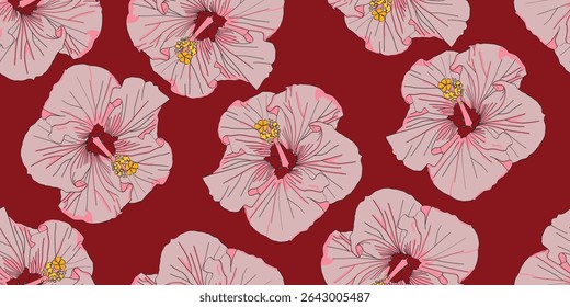 Pink Hibiscus flowers with red background seamless pattern for fabric textile wallpaper.