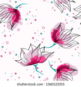 Pink hibiscus flowers tropical vector seamless pattern. Exotic pattern with delicate buds. Floral Hawaiian style textile background with flowers.