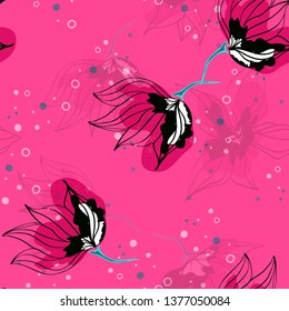 Pink hibiscus flowers tropical vector seamless pattern. Exotic pattern with delicate buds. Floral Hawaiian style textile background with flowers.