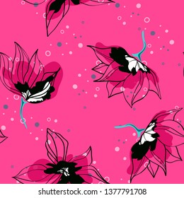 Pink hibiscus flowers tropical vector seamless pattern. Exotic pattern with delicate buds. Floral Hawaiian style textile background with flowers.