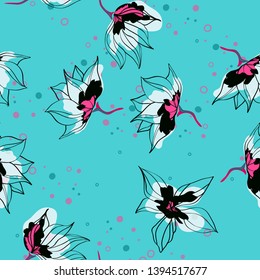 Pink hibiscus flowers tropical vector seamless pattern. Exotic pattern with delicate buds. Floral Hawaiian style textile background with flowers.