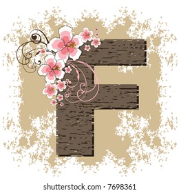 pink hibiscus grunge vintage alphabet F (vector)