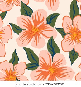 Pink hibiscus hand drawn with leaves. Tropical vibe with flowers creates a seamless pattern for contemporary fabrics and textiles. Vector.
