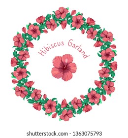 Pink hibiscus with leaves decorative wreath vector illustration. Floral tropic invitation card template.
