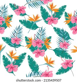 Pink Hibiscus and leaves pattern.Summer pattern.Jungle background