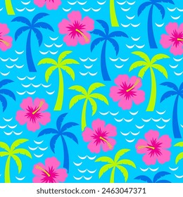 Hibisco rosa y palmera con diseño de fondo de ola para el concepto de vacaciones de verano.