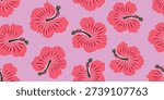 Pink Hibiscus pattern. Botanical Seamless pattern. Exotic Hibiscus. Motif Minimal chic Hawaii design. Beautiful pink floral sweet, floral patterns. pastel hibiscus flower.Vibrant Monochromatic. 