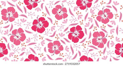 Patrón de hibisco rosa. Patrón sin fisuras botánico. Hibisco exótico. Motivo Camisa Hawaii, camisa Aloha verano. Hermoso fondo floral rosa dulce, patrones florales. flor de hibisco. Moda rosa.