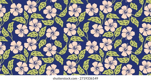 padrão de hibisco rosa. Padrão Botânico sem emenda. Hibisco Exótico. Motivo para camisa havaiana, camisa Aloha no verão. Linda floral rosa, folha padrões fundo azul. mão desenhada hibiscus flor.