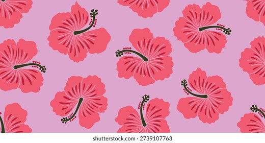 Pink Hibiscus pattern. Botanical Seamless pattern. Exotic Hibiscus. Motif Minimal chic Hawaii design. Beautiful pink floral sweet, floral patterns. pastel hibiscus flower.Vibrant Monochromatic. 