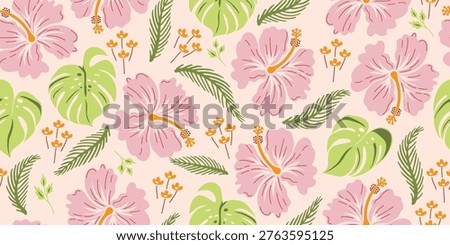 Pink Hibiscus pattern. Tropical botanical Seamless pattern. motif exotic hibiscus design. Hawaii shirt, summer design. beautiful pink floral sweet, floral patterns. hibiscus flower. Pink fashion
