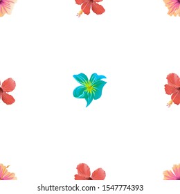 Pink Hibiscus. Red Hibiscus. Green Plumeria. Vector illustration. Seamless background pattern. Floral botanical flower. Wild leaf wildflower isolated. Exotic tropical hawaiian jungle. Fabric.