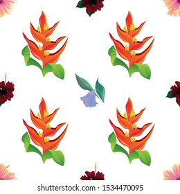 Pink Hibiscus. Red Rose Mallow. Purple Bllflower. Orange Heliconia. Vector illustration. Seamless background pattern. Floral botanical flower. Wild leaf wildflower isolated. Exotic tropical hawaiian.