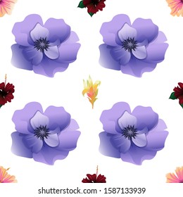 Pink Hibiscus. Red Rose Mallow. Yellow Guzmania. Violet Anemone. Vector illustration. Seamless background pattern. Floral botanical flower. Wild leaf wildflower isolated. Exotic tropical hawaiian.