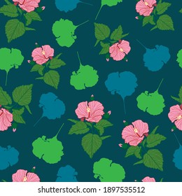 Pink hibiscus repeat pattern on dark green background