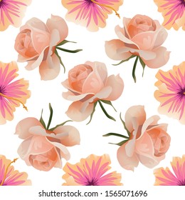 Pink Hibiscus. Pink Rose. Vector illustration. Seamless background pattern. Floral botanical flower. Wild leaf wildflower isolated. Exotic tropical hawaiian jungle. Fabric wallpaper print texture.