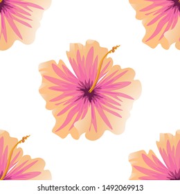Pink Hibiscus. Vector illustration. Seamless background pattern. Floral botanical flower. Wild leaf wildflower isolated. Exotic tropical hawaiian jungle. Fabric wallpaper print texture.