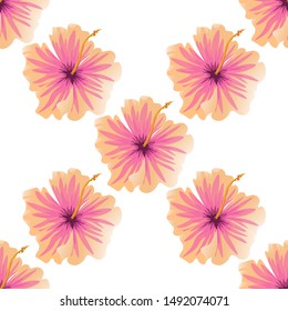Pink Hibiscus. Vector illustration. Seamless background pattern. Floral botanical flower. Wild leaf wildflower isolated. Exotic tropical hawaiian jungle. Fabric wallpaper print texture.
