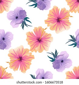 Pink Hibiscus. Violet Anemone. Vector illustration. Seamless background pattern. Floral botanical flower. Wild leaf wildflower isolated. Exotic tropical hawaiian jungle. Fabric wallpaper print.