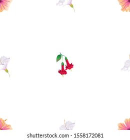 Pink Hibiscus. White Hibiscus. Red Angel Trumpet. Vector illustration. Seamless background pattern. Floral botanical flower. Wild leaf wildflower isolated. Exotic tropical hawaiian jungle. Fabric.