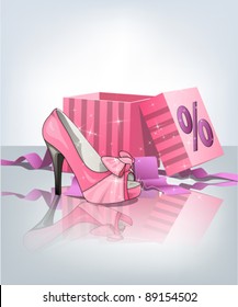 Pink high heel shoe, box and discount sing.