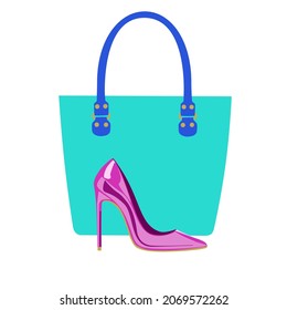 Pink high heel shoe in front of blue turquoise shopping bag on white background. 