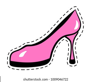 Pink high heel shoe sticker of 80s retro comic style. Vector illustration isolated on white background