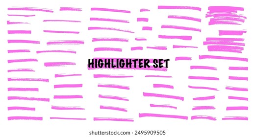 Pink highlight marker lines isolated on white background. Various marker pen strokes with different length and thickness hand drawn set. Realistic vector graphic modern design elements.