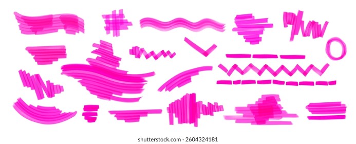 Pink highlight marker lines set isolated on white background. Vector realistic illustration of color felt pen marks, doodle wave, check, zigzag strokes, bright scribbles for school banner design