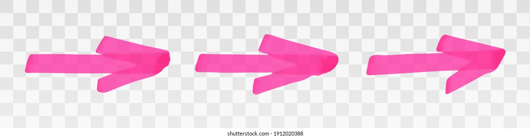 La flecha rosada del marcador de resaltado está aislada en un fondo transparente. Marker pen resalta los trazos de subrayado. Elemento de diseño gráfico dibujado a mano