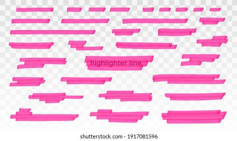Pink highlighter lines set isolated on transparent background. Marker pen highlight underline strokes. Vector hand drawn graphic stylish element