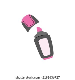Pink highlighter open pen marker. School secretarial tools. Office supplies. Time to school. Children's cute stationery subjects. Back to school, science, college, education, study