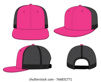 Pink hip hop cap with mesh black at side and back panels, adjustable snap back closure strap template on white background, vector file.